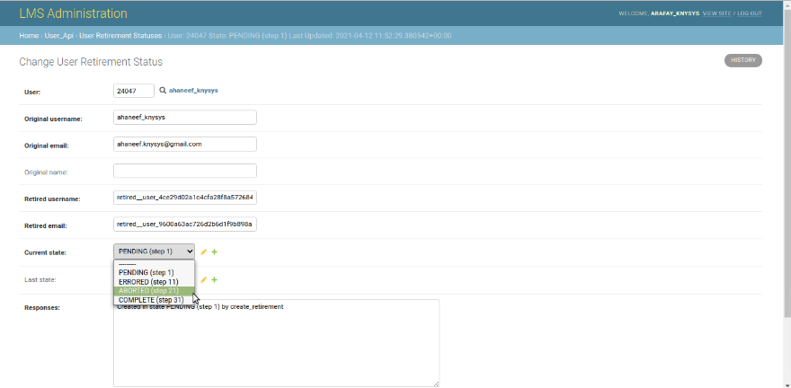User Retirement Status Modify
